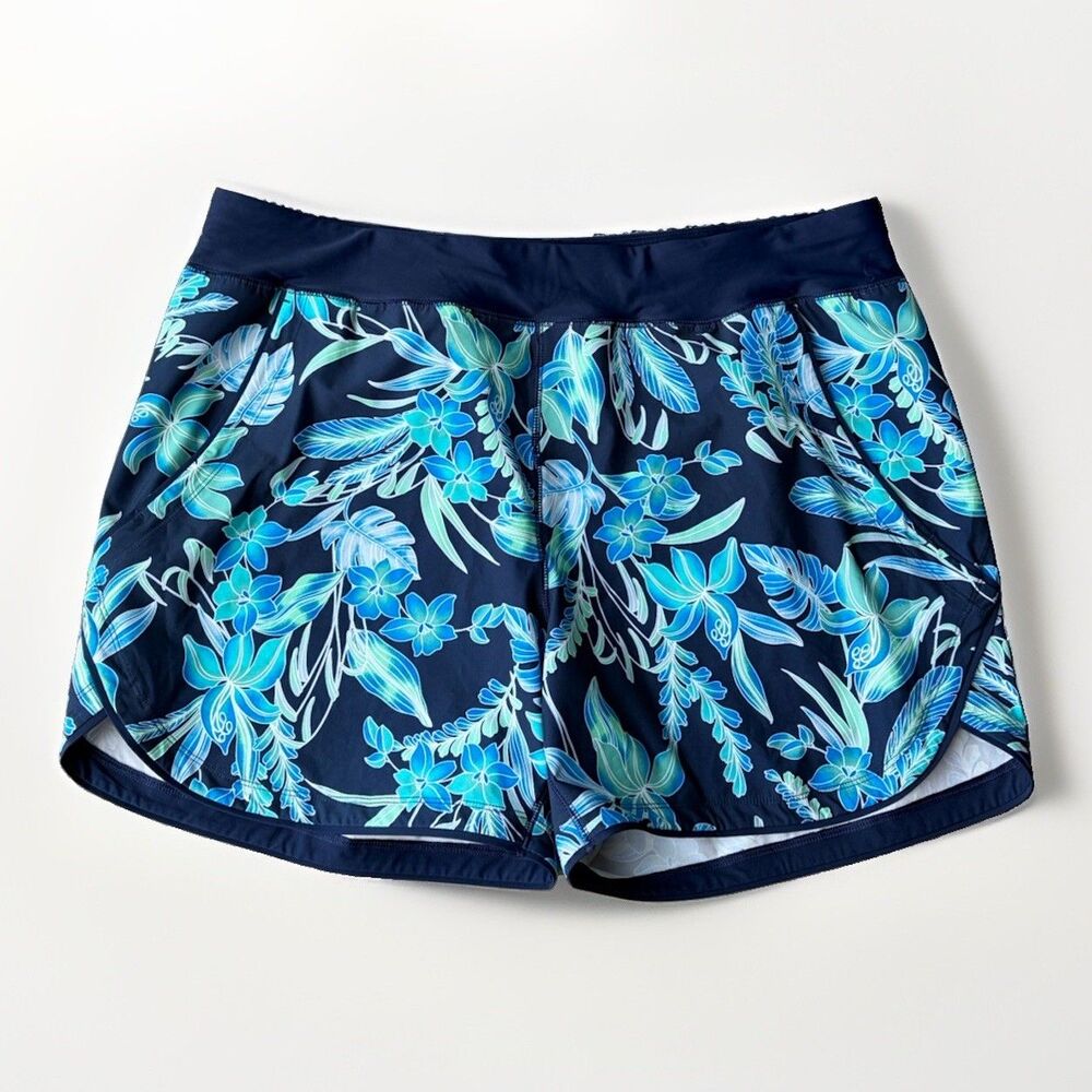 Lands End Womens Swim Shorts 18 Board Shorts Blue Floral Tropical Pockets